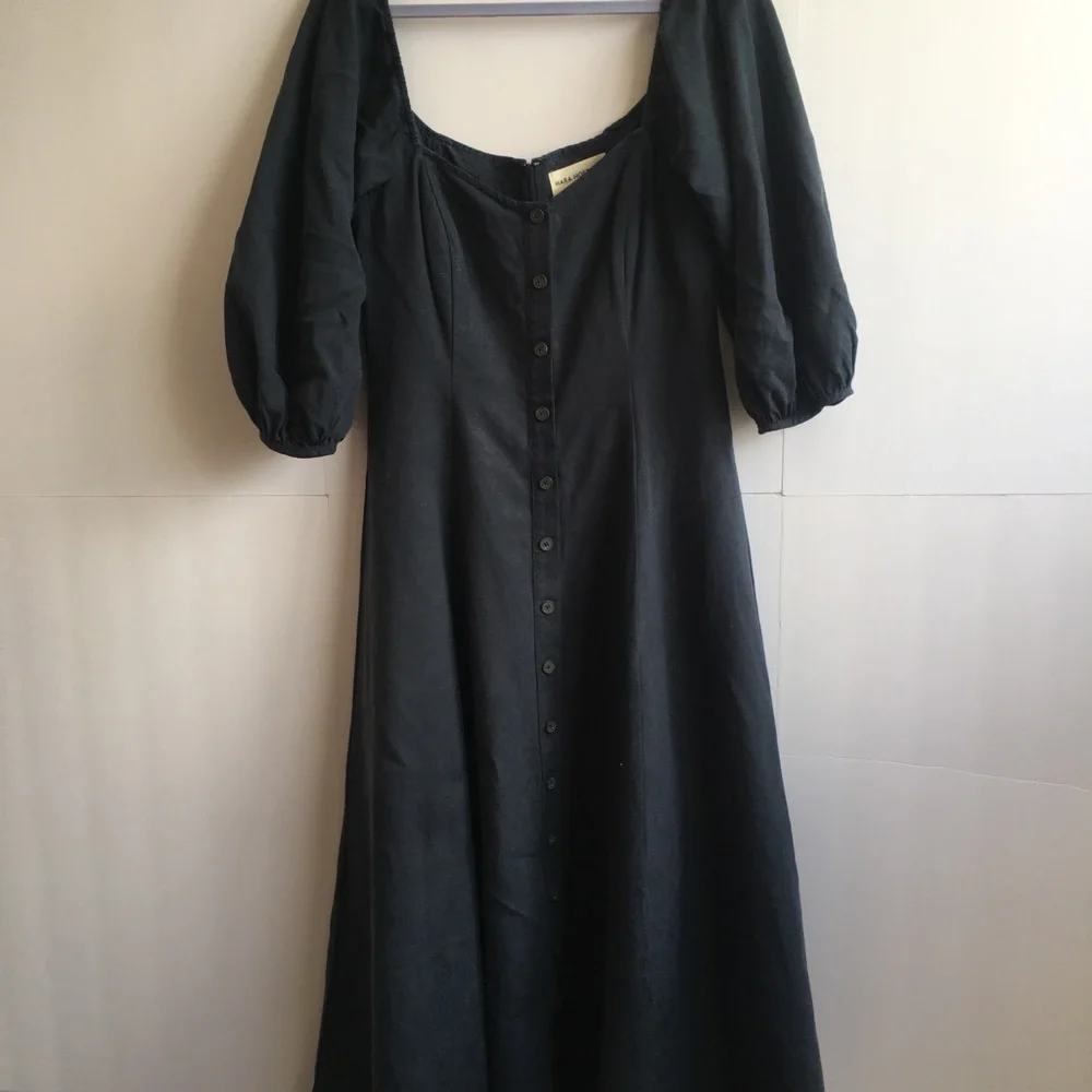 Mara Hoffman Mika Puff-Sleeve Linen Blend Button-Front Maxi Dress in Navy Blue - Picture 4 of 12